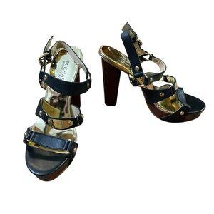 Michael Kors 6.5 Black Gold‎ tone hardware Strap Sandals leather